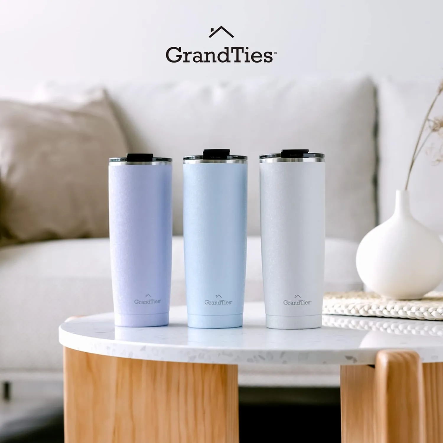 GRANDTIES Insulated Coffee Tumbler Cup w/Tritan Lid | Leak Proof, Reusable, Double Walled Vacuum Stainless Steel Travel Mug | 20oz (Snowy: Pearl)