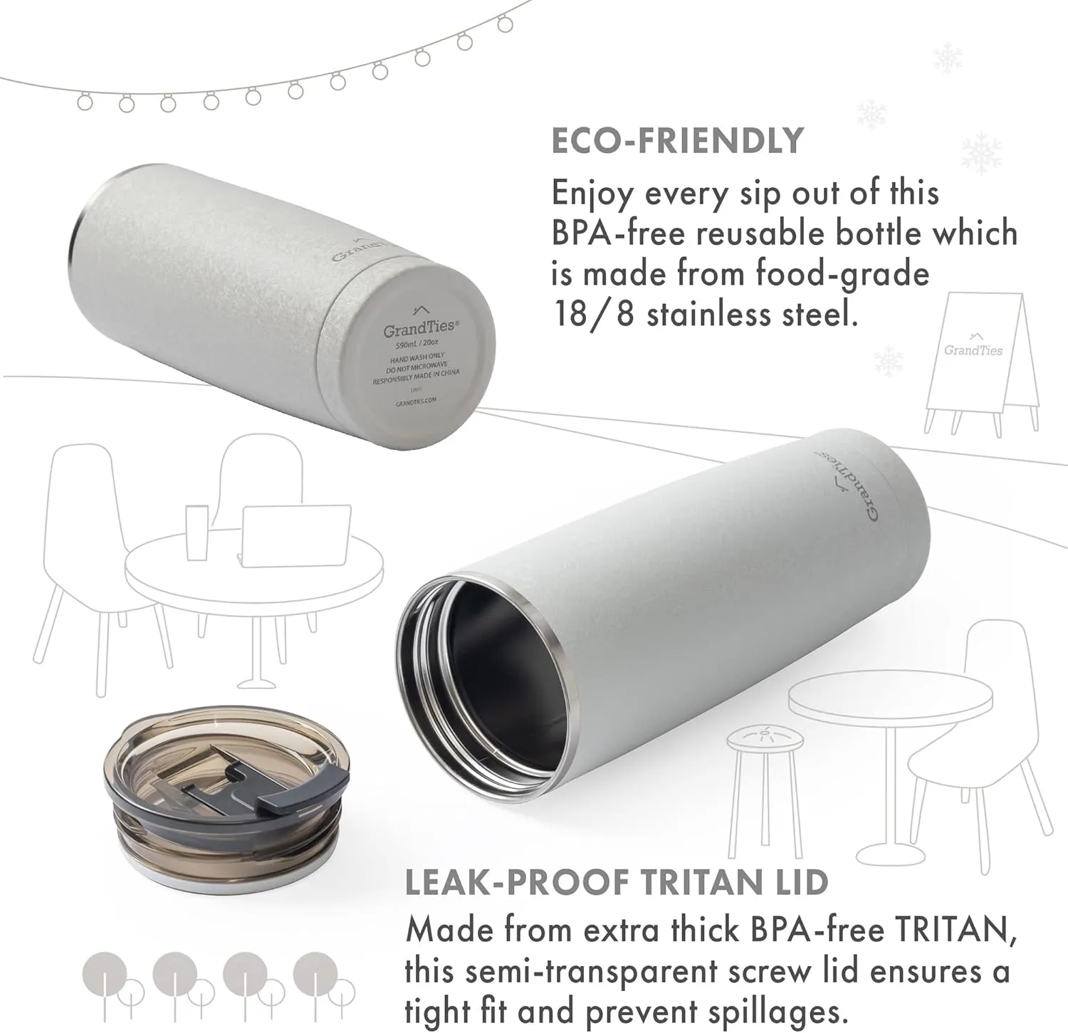 GRANDTIES Insulated Coffee Tumbler Cup w/Tritan Lid | Leak Proof, Reusable, Double Walled Vacuum Stainless Steel Travel Mug | 20oz (Snowy: Pearl)