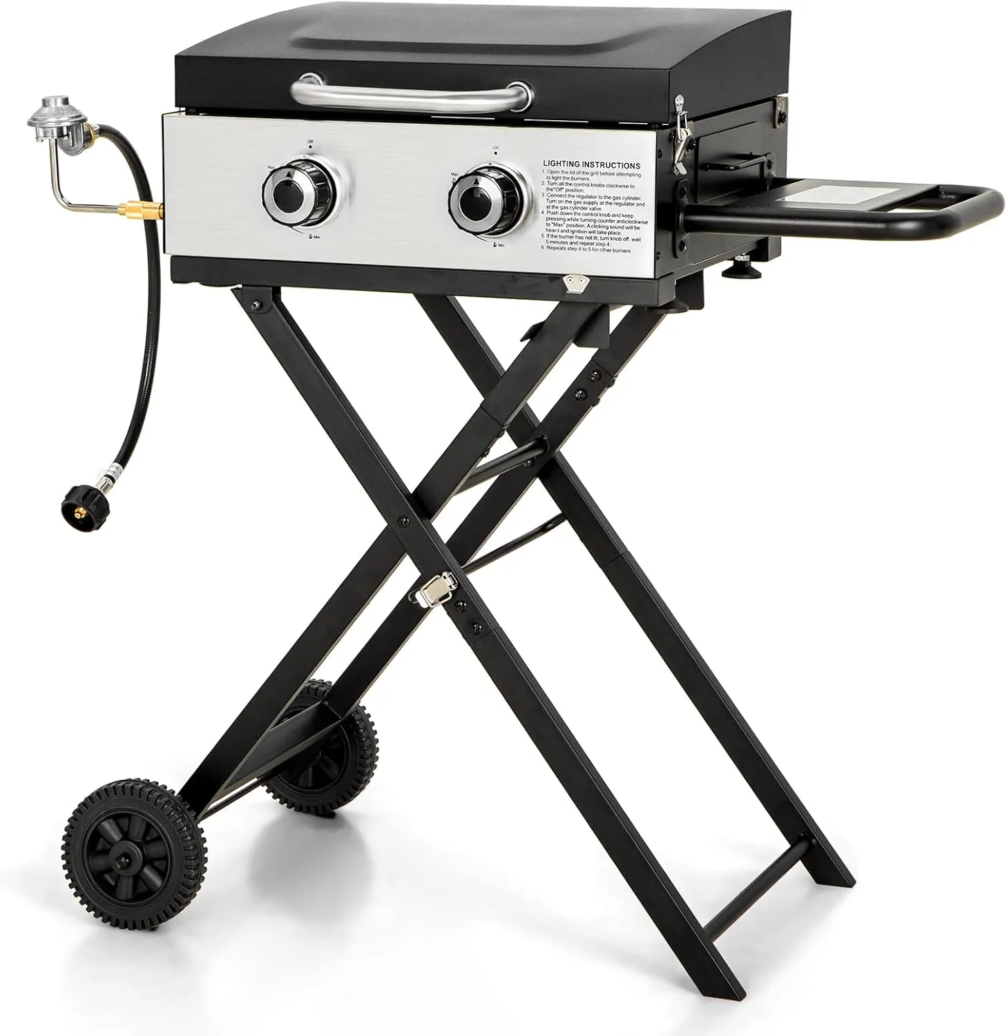 GREEN PARTY 2 Burner BBQ Propane Gas Griddle with Collapsible Stand, 18 Inch Portable Griddle with Side Table & 253 Sq. In. Cooking Area, Flat Top Gas Grill for Outdoor Cooking Garden Patio Backyard