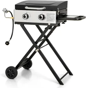 GREEN PARTY 2 Burner BBQ Propane Gas Griddle with Collapsible Stand, 18 Inch Portable Griddle with Side Table & 253 Sq. In. Cooking Area, Flat Top Gas Grill for Outdoor Cooking Garden Patio Backyard