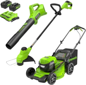 Greenworks 48V (2x24V) 21" Brushless Mower 12" String Trimmer 320CFM Blower,(2) 5.0Ah Batteries and 4A Dual Port Charger