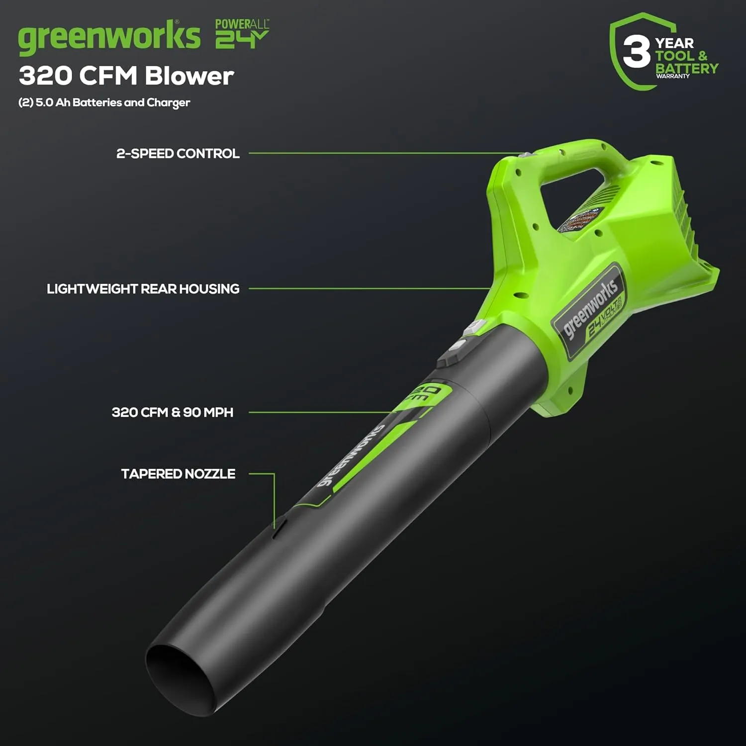 Greenworks 48V (2x24V) 21" Brushless Mower 12" String Trimmer 320CFM Blower,(2) 5.0Ah Batteries and 4A Dual Port Charger