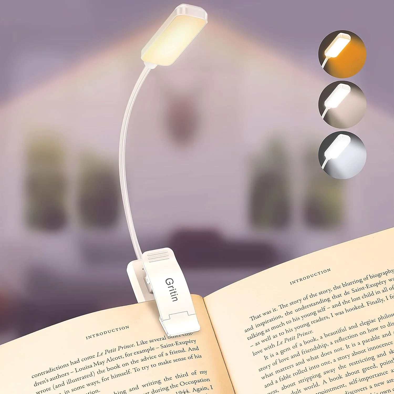 Gritin 9 LED Rechargeable Book Light for Reading in Bed -Eye Caring 3 Color Temperatures,Stepless Dimming Brightness,80 Hrs Runtime Small Lightweight Clip On Book Reading Light for Studying-White