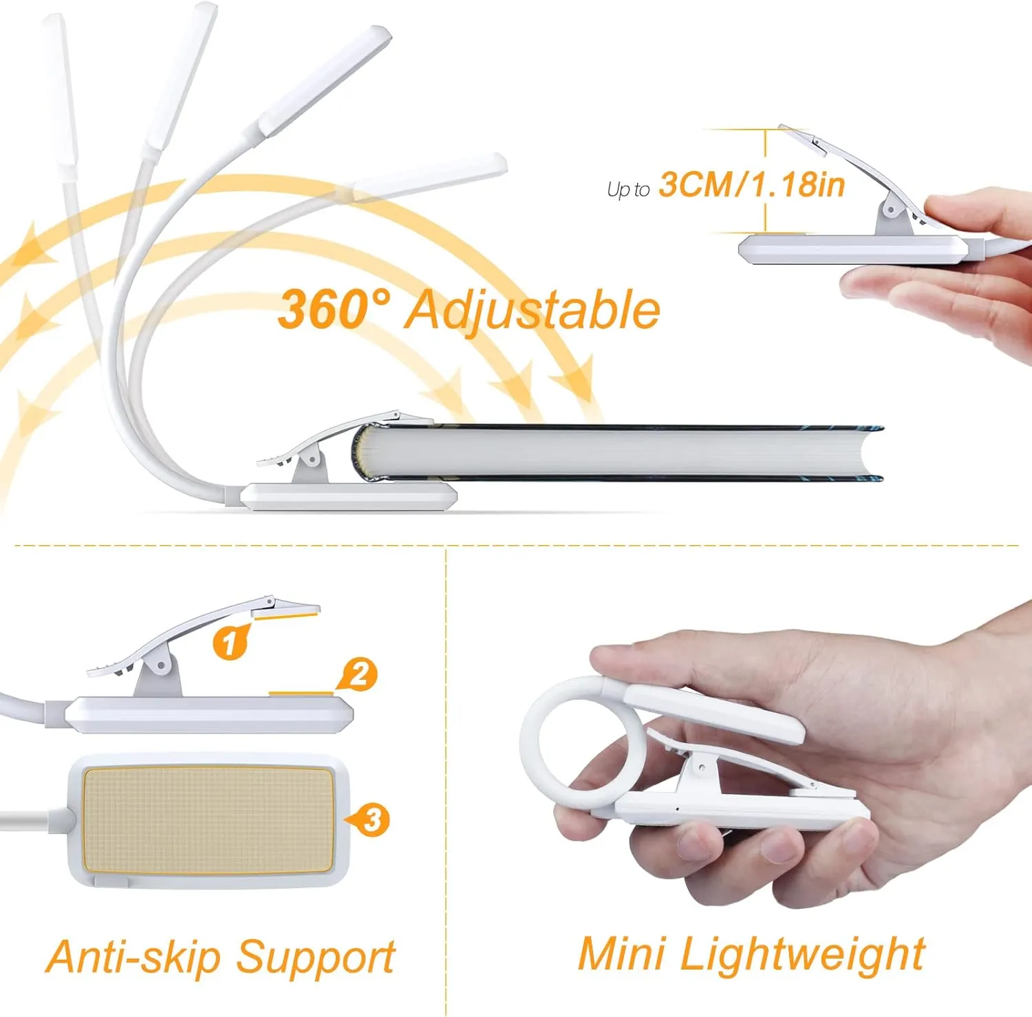 Gritin 9 LED Rechargeable Book Light for Reading in Bed -Eye Caring 3 Color Temperatures,Stepless Dimming Brightness,80 Hrs Runtime Small Lightweight Clip On Book Reading Light for Studying-White