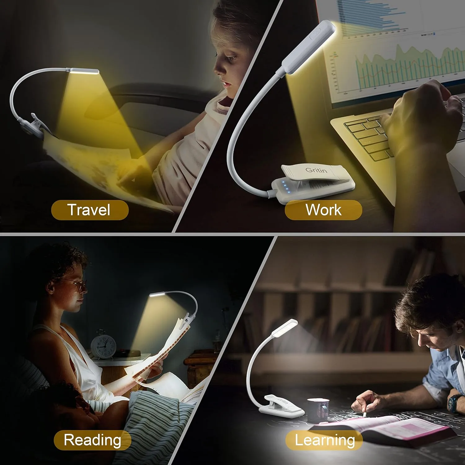 Gritin 9 LED Rechargeable Book Light for Reading in Bed -Eye Caring 3 Color Temperatures,Stepless Dimming Brightness,80 Hrs Runtime Small Lightweight Clip On Book Reading Light for Studying-White
