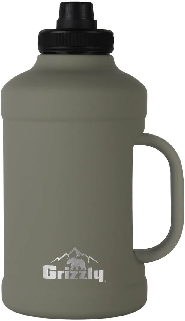 Grizzly 64oz Water Bottle | Vacuum Insulated | Leak Resistant Lid | Stainless Steel| Heavy Duty Handle | For Gym Hiking Beach Sports Camping | Lunar Green