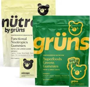 Gruns Superfood Green   New Nütrops Gummy Bundle, Organic Nutritional Supplement 2 x 28 Pack: Multivitamin, prebiotics, adaptogens   Nootropic Mushroom Herbal Supplement to Support Mood, Focus, Gut