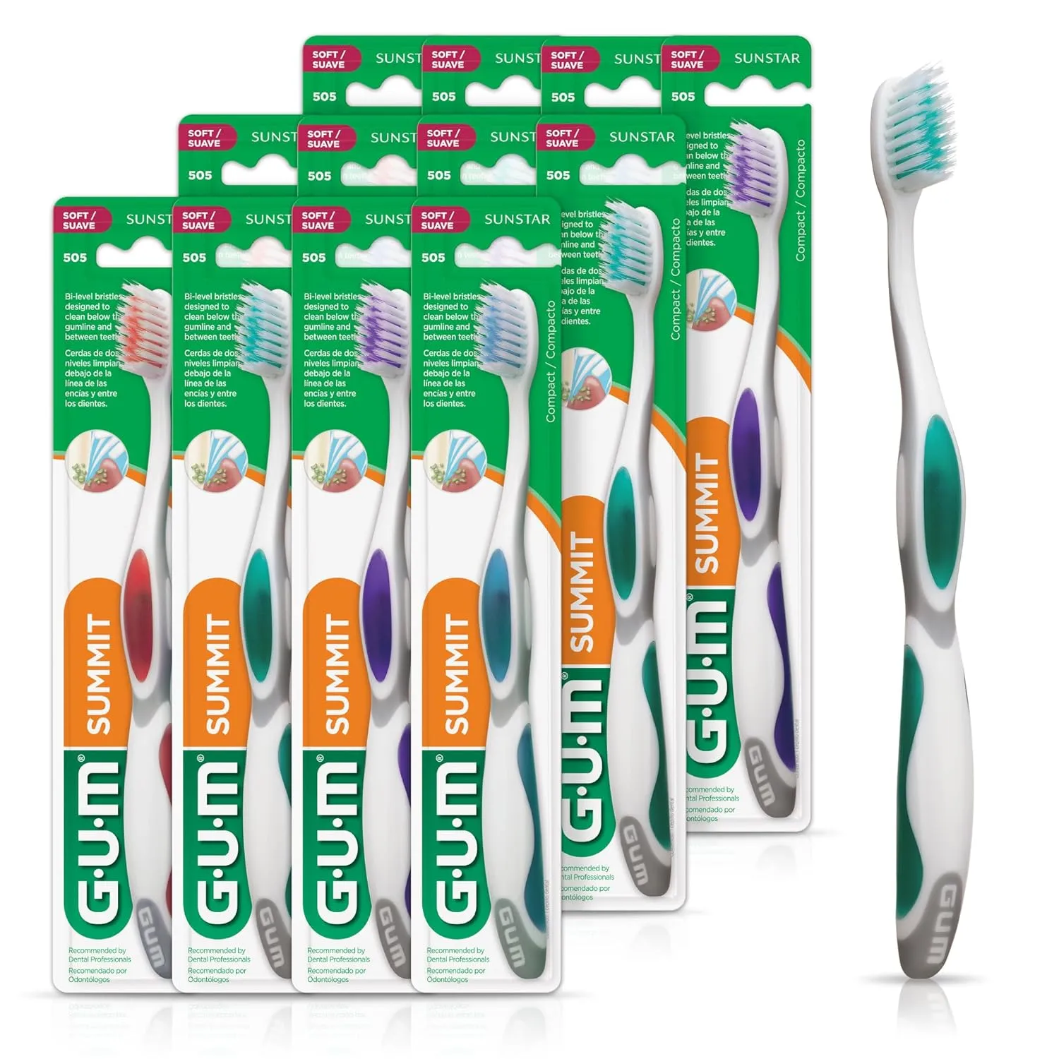 GUM Summit  Soft Toothbrush, Ultra Fine Tapered Bristles for More Effective Plaque Removal, Extra Soft Toothbrushes for Adults, 12 Count
