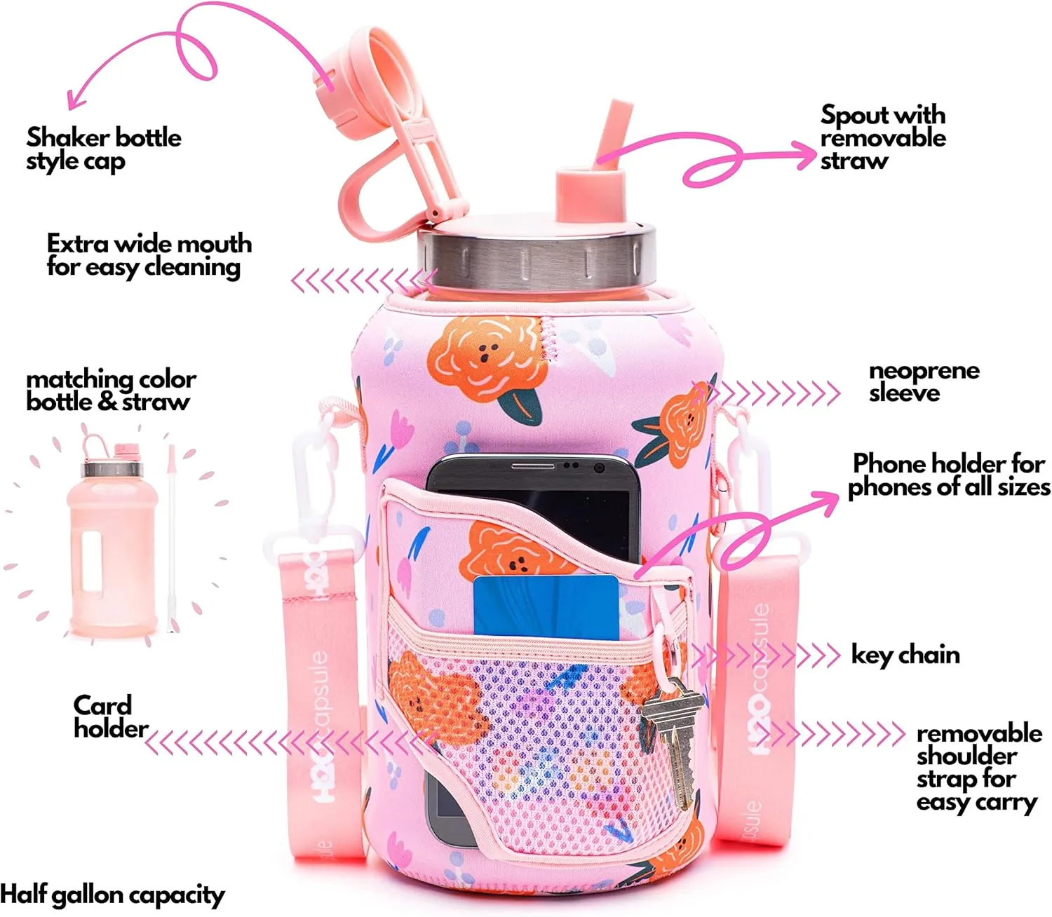 H2O Capsule 2.2L Half Gallon Wide Mouth Water Bottle with Storage Sleeve and Removable Straw - Hydration Tracker Jug with Measurements Marked – Shatterproof BPA-Free, (Poppy Love)