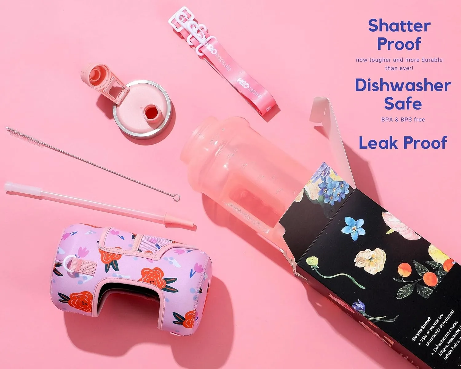 H2O Capsule 2.2L Half Gallon Wide Mouth Water Bottle with Storage Sleeve and Removable Straw - Hydration Tracker Jug with Measurements Marked – Shatterproof BPA-Free, (Poppy Love)