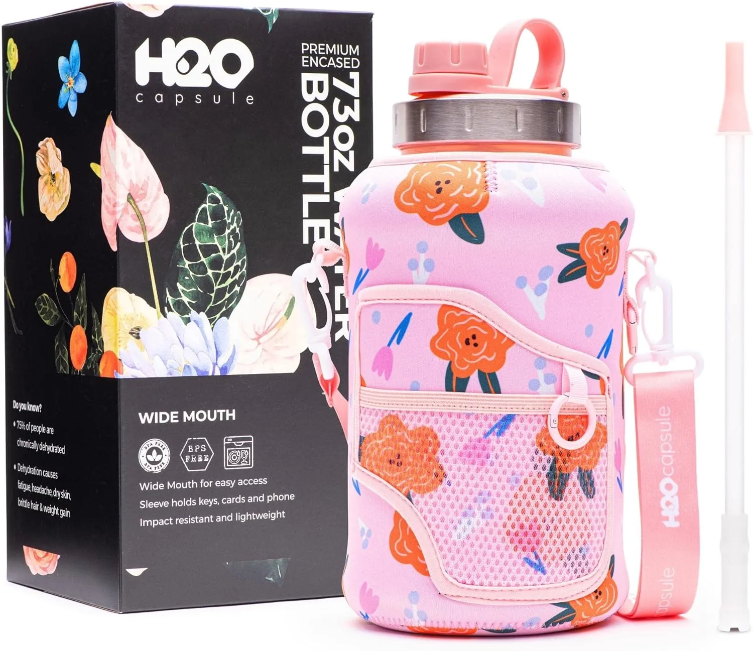 H2O Capsule 2.2L Half Gallon Wide Mouth Water Bottle with Storage Sleeve and Removable Straw - Hydration Tracker Jug with Measurements Marked – Shatterproof BPA-Free, (Poppy Love)