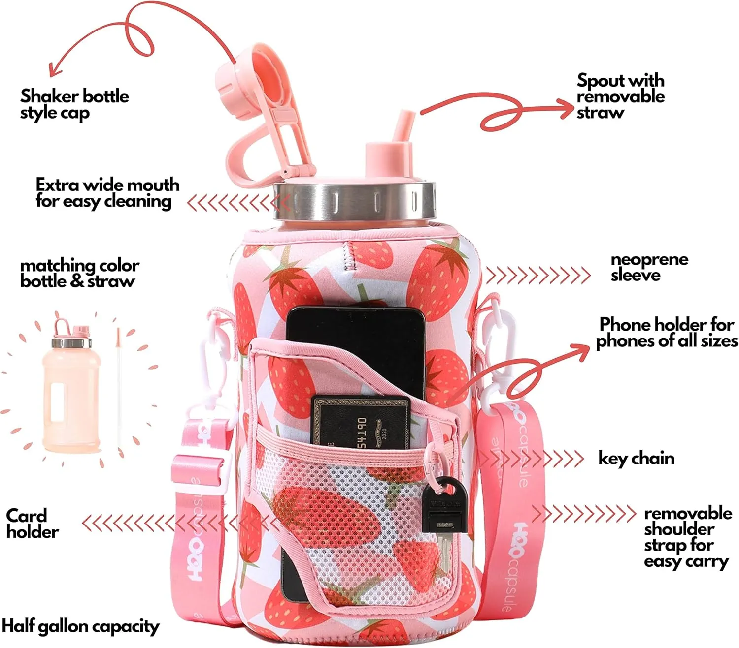 H2O Capsule 2.2L Half Gallon Wide Mouth Water Bottle with Storage Sleeve and Removable Straw - Hydration Tracker Jug with Measurements Marked – Shatterproof BPA-Free, (Strawberry)