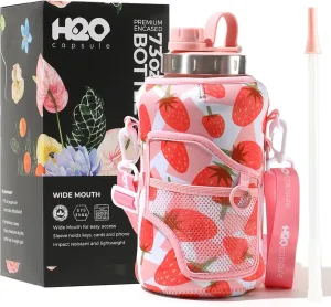 H2O Capsule 2.2L Half Gallon Wide Mouth Water Bottle with Storage Sleeve and Removable Straw - Hydration Tracker Jug with Measurements Marked – Shatterproof BPA-Free, (Strawberry)