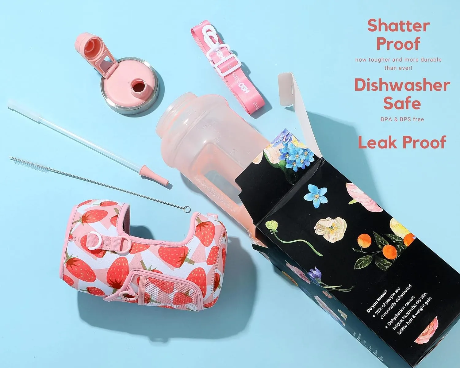 H2O Capsule 2.2L Half Gallon Wide Mouth Water Bottle with Storage Sleeve and Removable Straw - Hydration Tracker Jug with Measurements Marked – Shatterproof BPA-Free, (Strawberry)