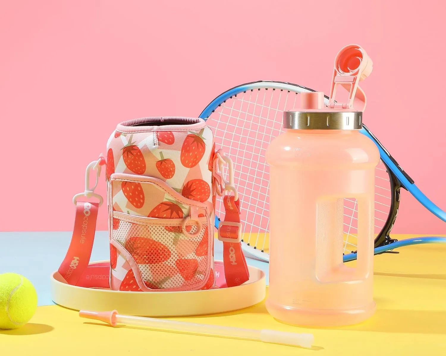 H2O Capsule 2.2L Half Gallon Wide Mouth Water Bottle with Storage Sleeve and Removable Straw - Hydration Tracker Jug with Measurements Marked – Shatterproof BPA-Free, (Strawberry)