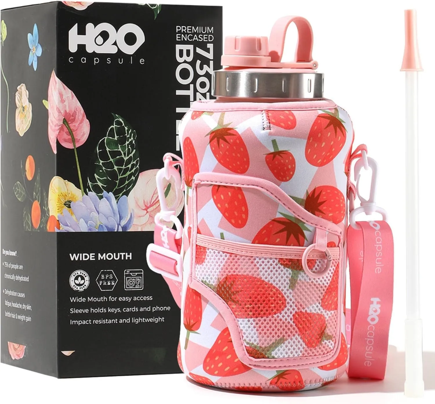 H2O Capsule 2.2L Half Gallon Wide Mouth Water Bottle with Storage Sleeve and Removable Straw - Hydration Tracker Jug with Measurements Marked – Shatterproof BPA-Free, (Strawberry)