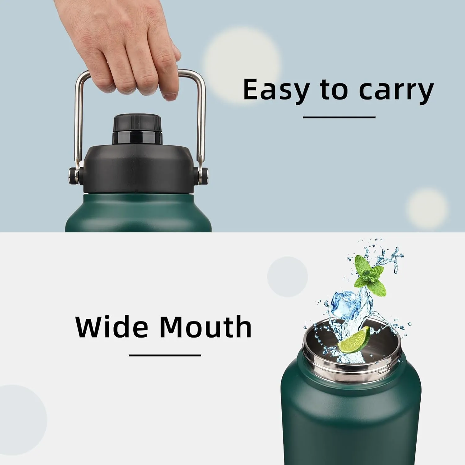 Half Gallon Jug with Handle,64 oz Insulated Water Bottle with Carrying Pouch,Double Wall Vacuum Stainless Steel Metal Bottle,Dark Green