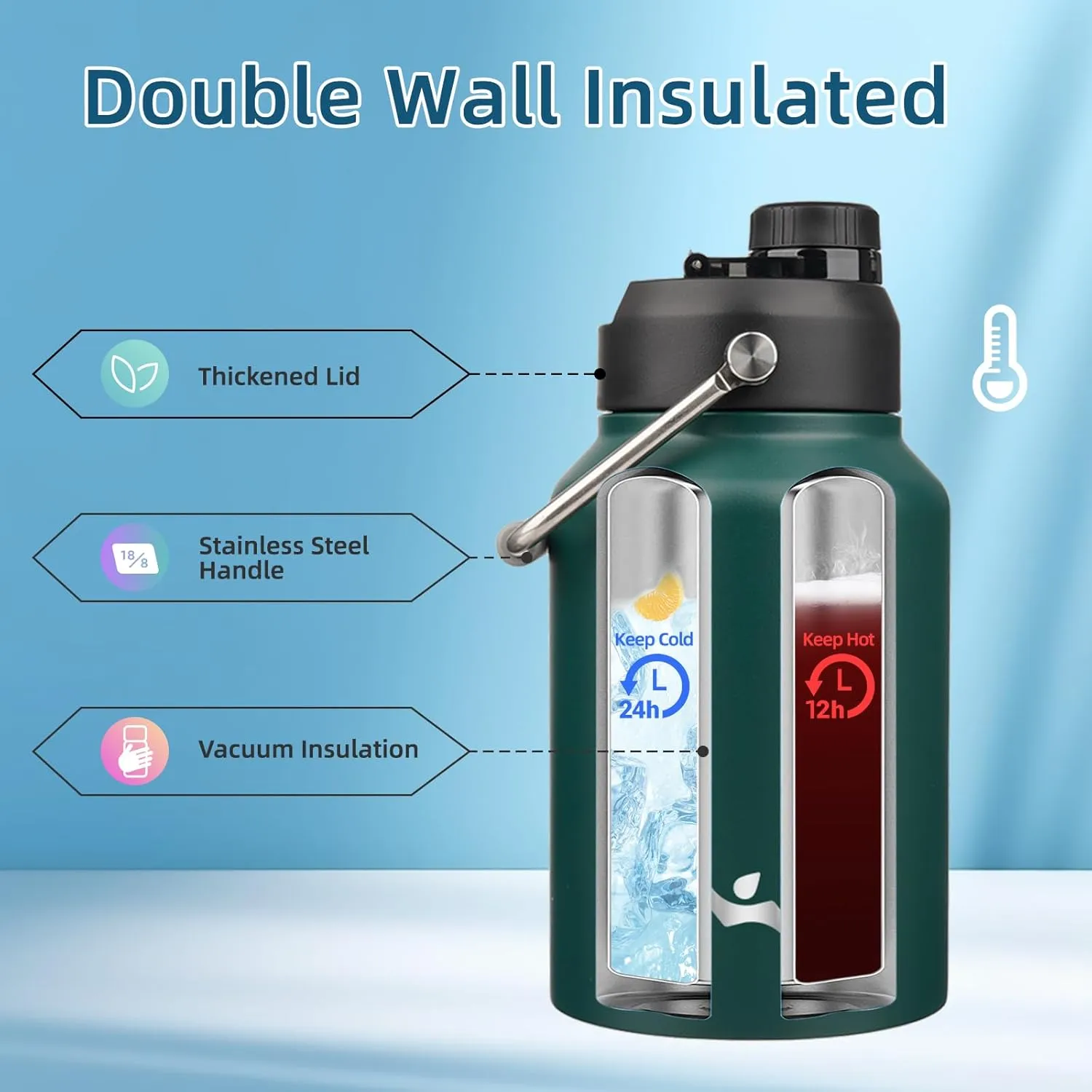 Half Gallon Jug with Handle,64 oz Insulated Water Bottle with Carrying Pouch,Double Wall Vacuum Stainless Steel Metal Bottle,Dark Green