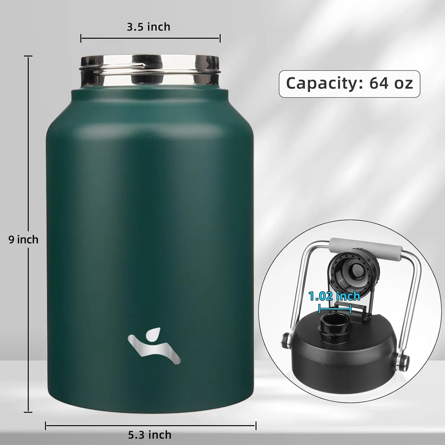 Half Gallon Jug with Handle,64 oz Insulated Water Bottle with Carrying Pouch,Double Wall Vacuum Stainless Steel Metal Bottle,Dark Green