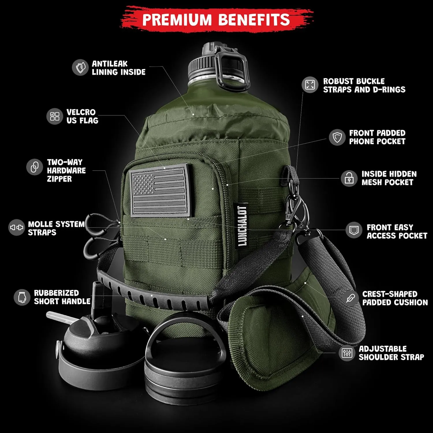Half Gallon Water Bottle Jug - 84 Oz Insulated Stainless Steel Metal Water Jug with Holder - Carrying Bag - Spout Handle - Straw Lids - Keep Cold & Hot - Green Tactical Flask