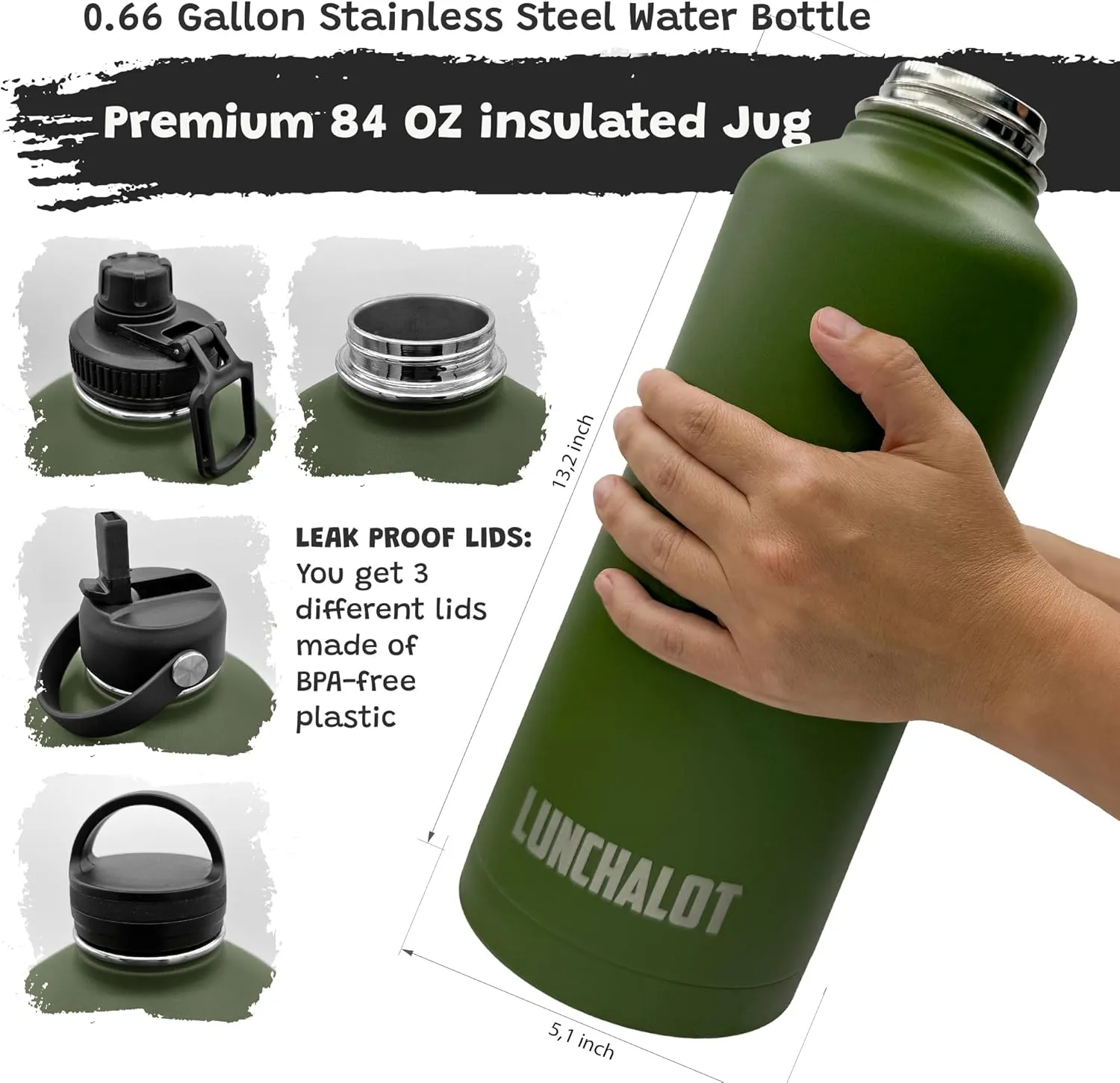 Half Gallon Water Bottle Jug - 84 Oz Insulated Stainless Steel Metal Water Jug with Holder - Carrying Bag - Spout Handle - Straw Lids - Keep Cold & Hot - Green Tactical Flask
