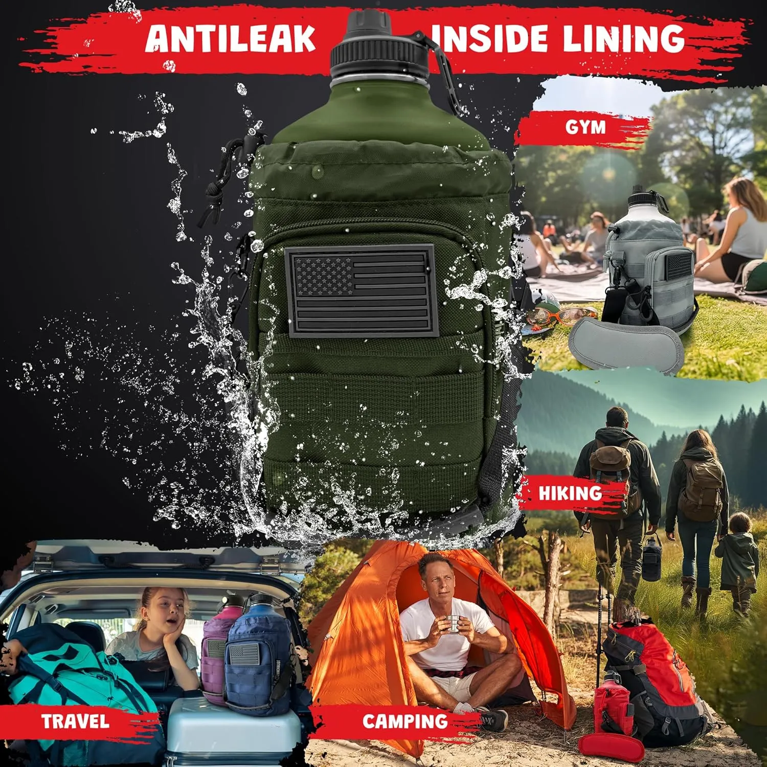 Half Gallon Water Bottle Jug - 84 Oz Insulated Stainless Steel Metal Water Jug with Holder - Carrying Bag - Spout Handle - Straw Lids - Keep Cold & Hot - Green Tactical Flask