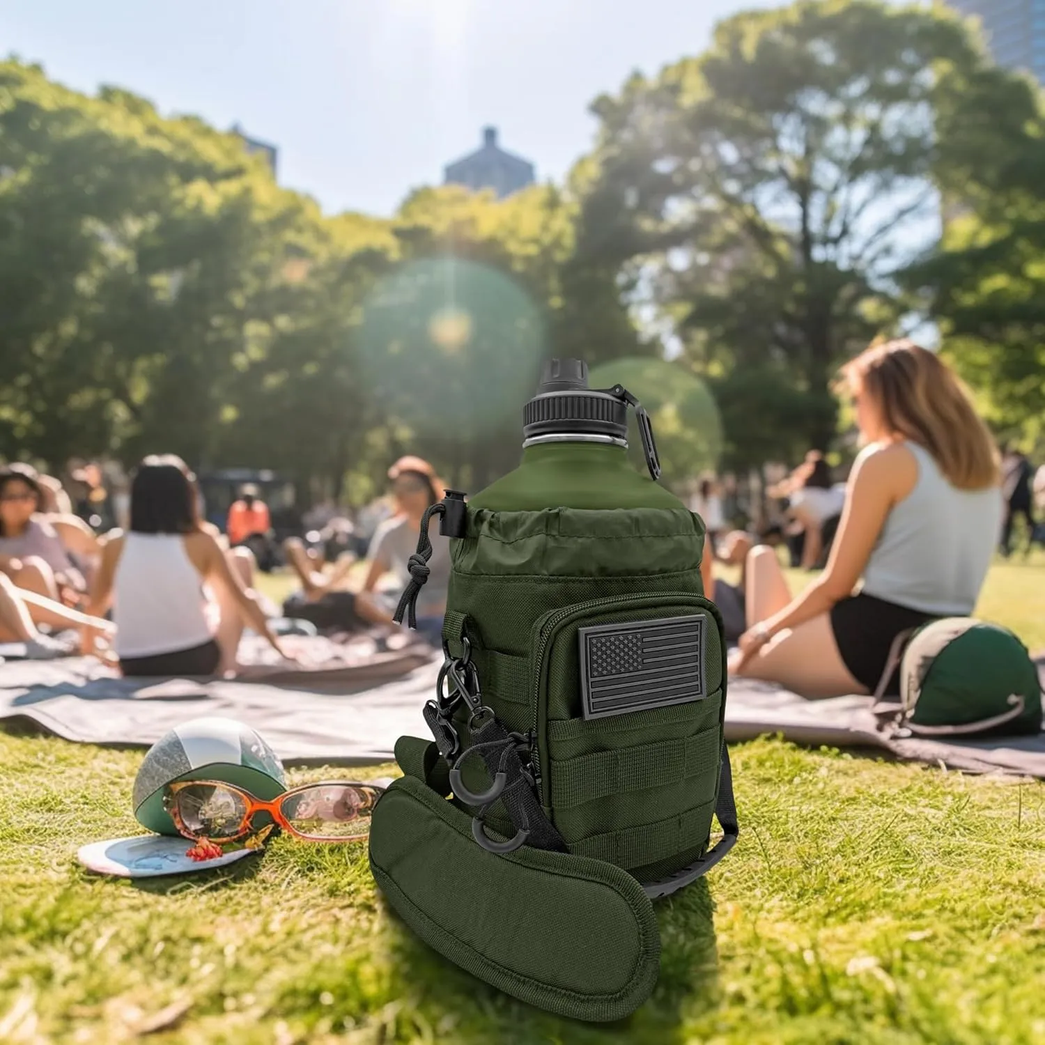 Half Gallon Water Bottle Jug - 84 Oz Insulated Stainless Steel Metal Water Jug with Holder - Carrying Bag - Spout Handle - Straw Lids - Keep Cold & Hot - Green Tactical Flask