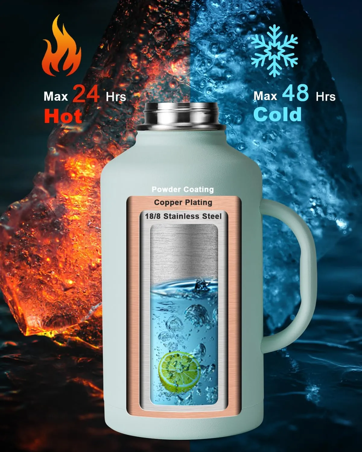 Half Gallon Water Bottle with Handle and Carry Pouch,64 oz Stainless Steel Insulated Jug Flask with Straw Lid Spout Lid,Reusable Metal Water Bottle Mug Tumbler Cup,Keep Cold & Hot,Green