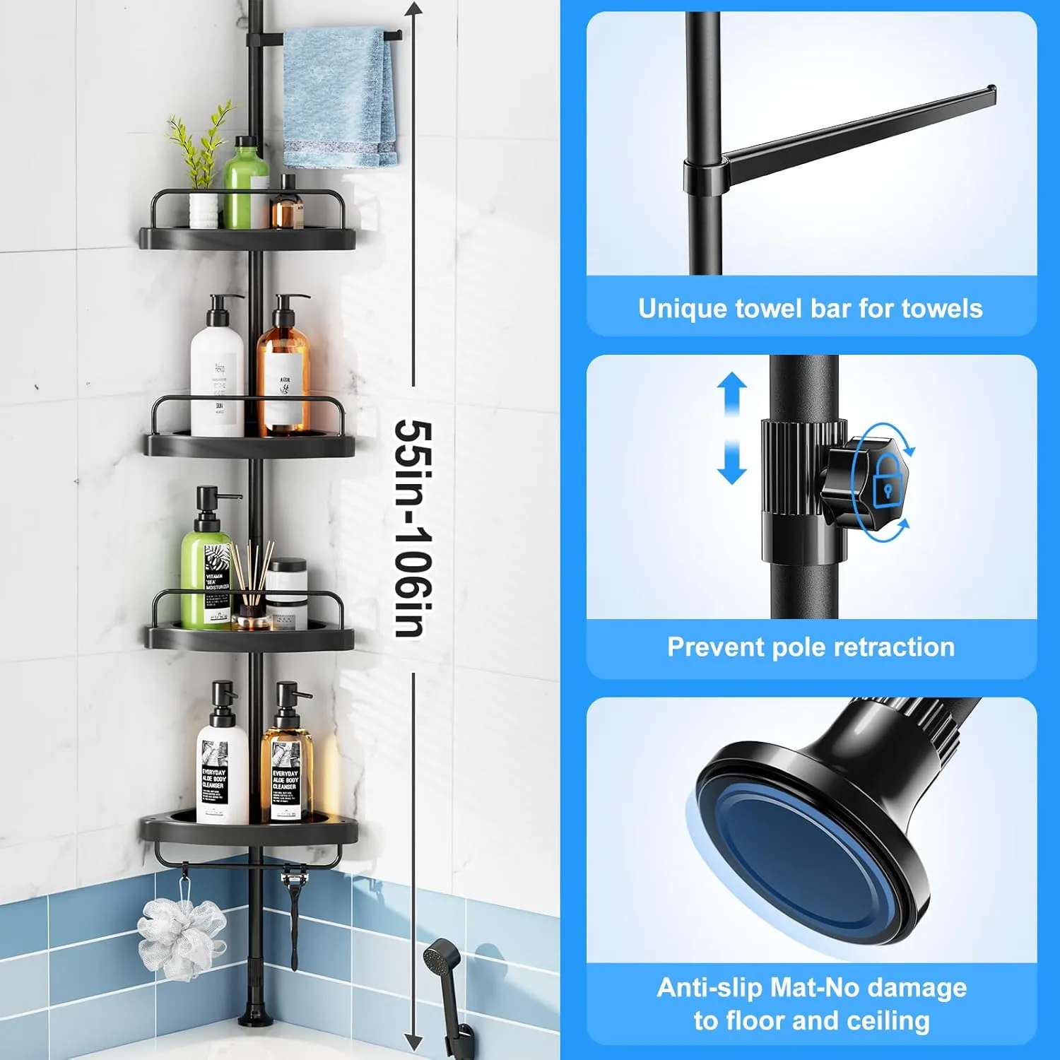 HAMITOR Corner Shower Caddy Tension Pole: Adjustable Stainless Steel Shower Organizer 4 Tier Shelf for Bathroom Bathtub Shampoo - Floor Standing Rack Bath Storage Holder with Rust Proof Rods - Black