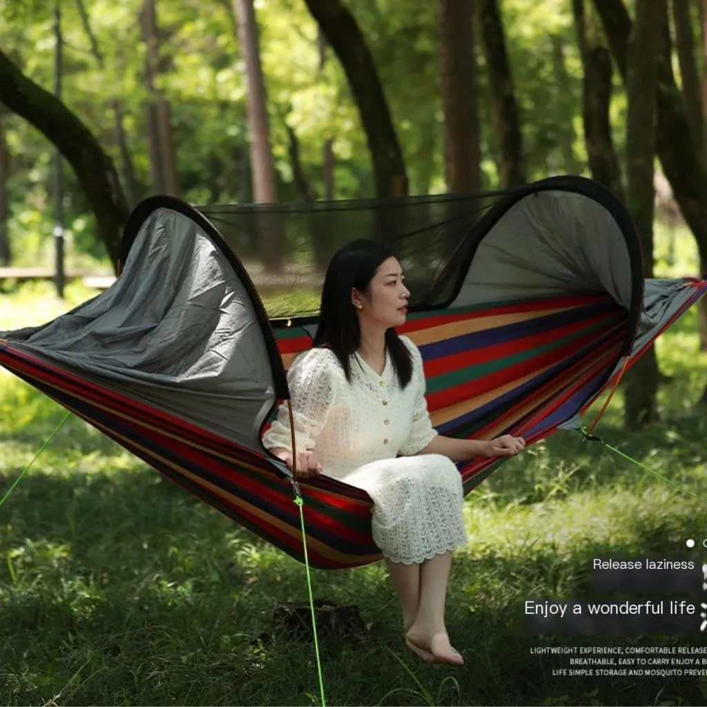 Hammock Double Outdoor Family Gathering Picnic Camping Aluminum Pole Hammock Anti-Rollover Anti-Mosquito Pole Canvas Nylon Hammock Outdoor(G)
