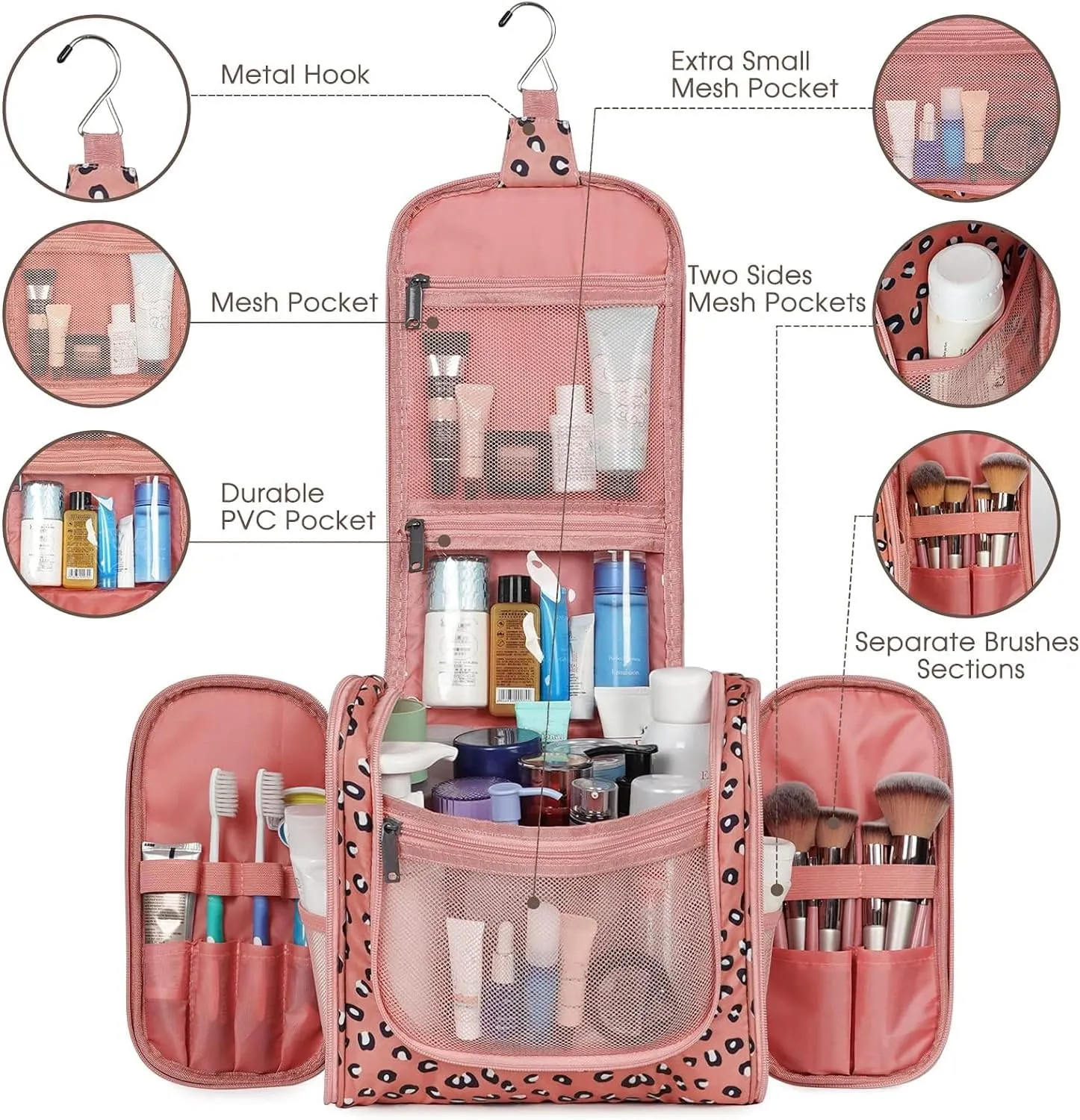 Hanging Cheetah Toiletry Bag for Women Travel Makeup Bag Organizer Toiletries Bag for Cosmetics Essentials Accessories (Large, Orange Leopard)
