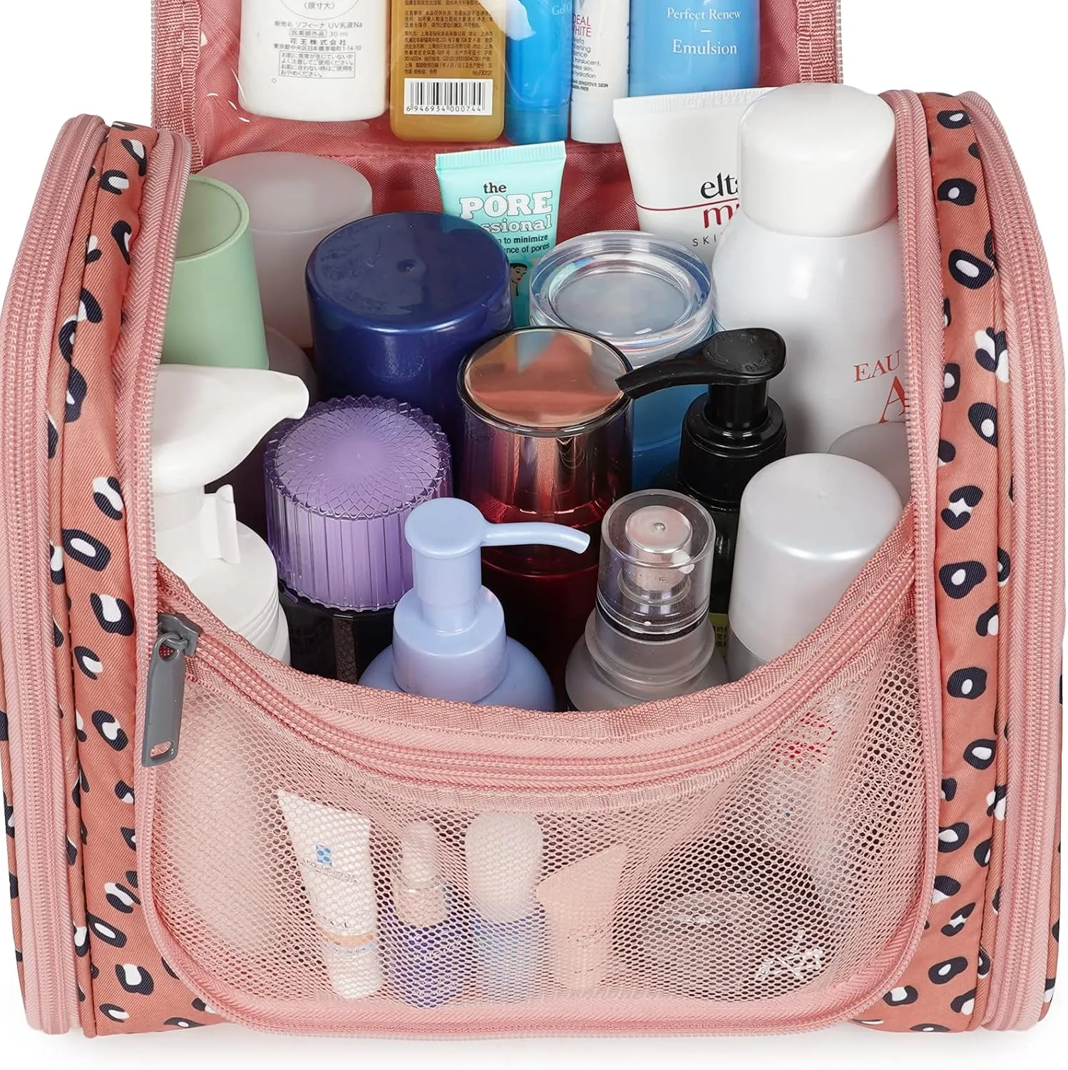 Hanging Cheetah Toiletry Bag for Women Travel Makeup Bag Organizer Toiletries Bag for Cosmetics Essentials Accessories (Large, Orange Leopard)
