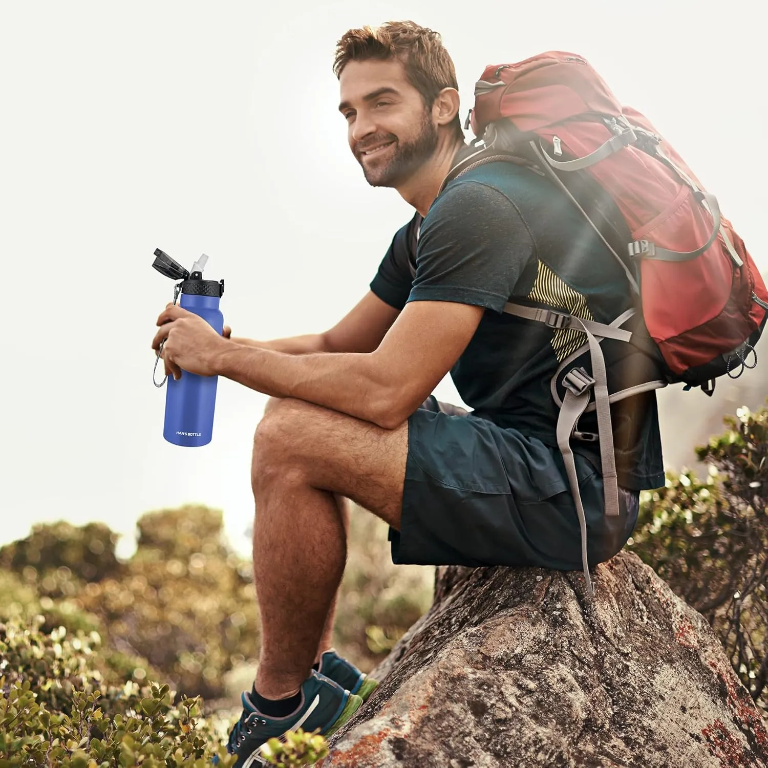 Han's Bottle Sports Water Bottle - 24 Oz, Straw Lid, Leak Proof, Vacuum Insulated Stainless Steel, Double Walled, Thermo Mug,Navy Blue