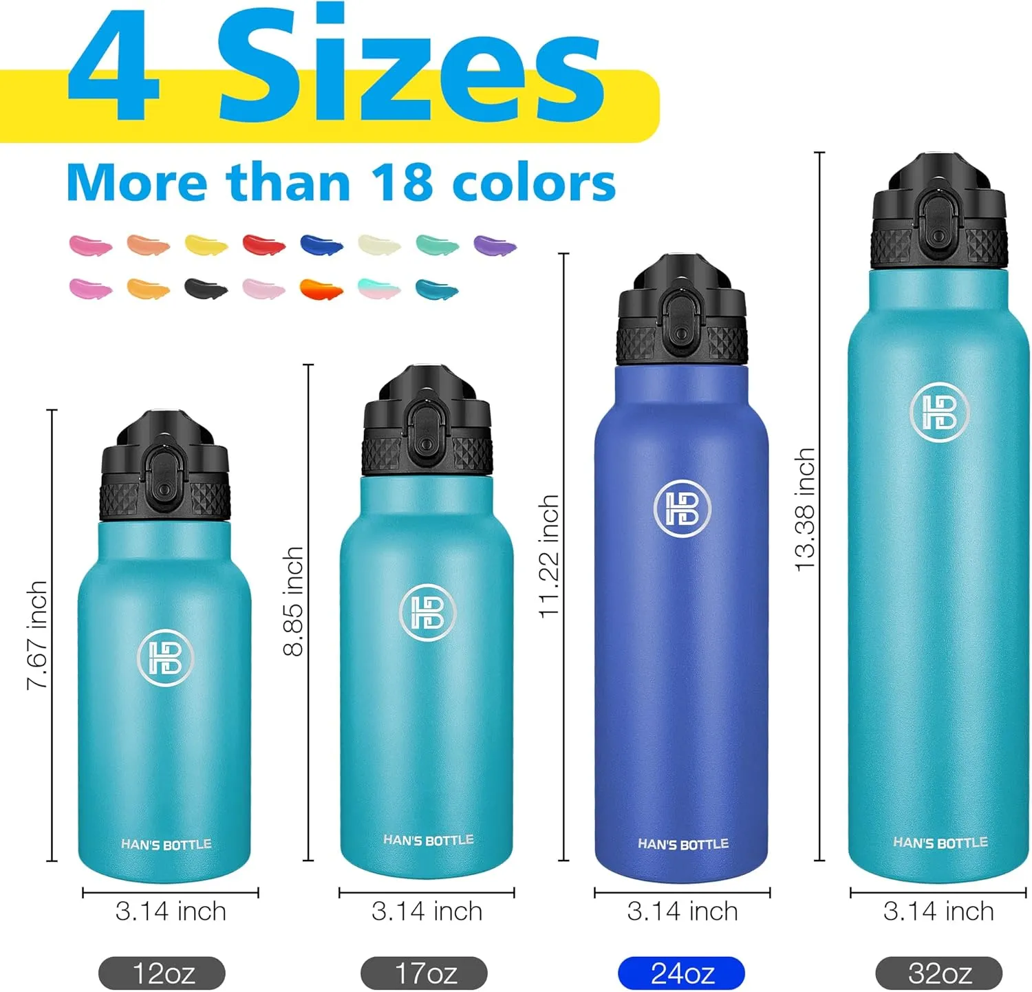 Han's Bottle Sports Water Bottle - 24 Oz, Straw Lid, Leak Proof, Vacuum Insulated Stainless Steel, Double Walled, Thermo Mug,Navy Blue