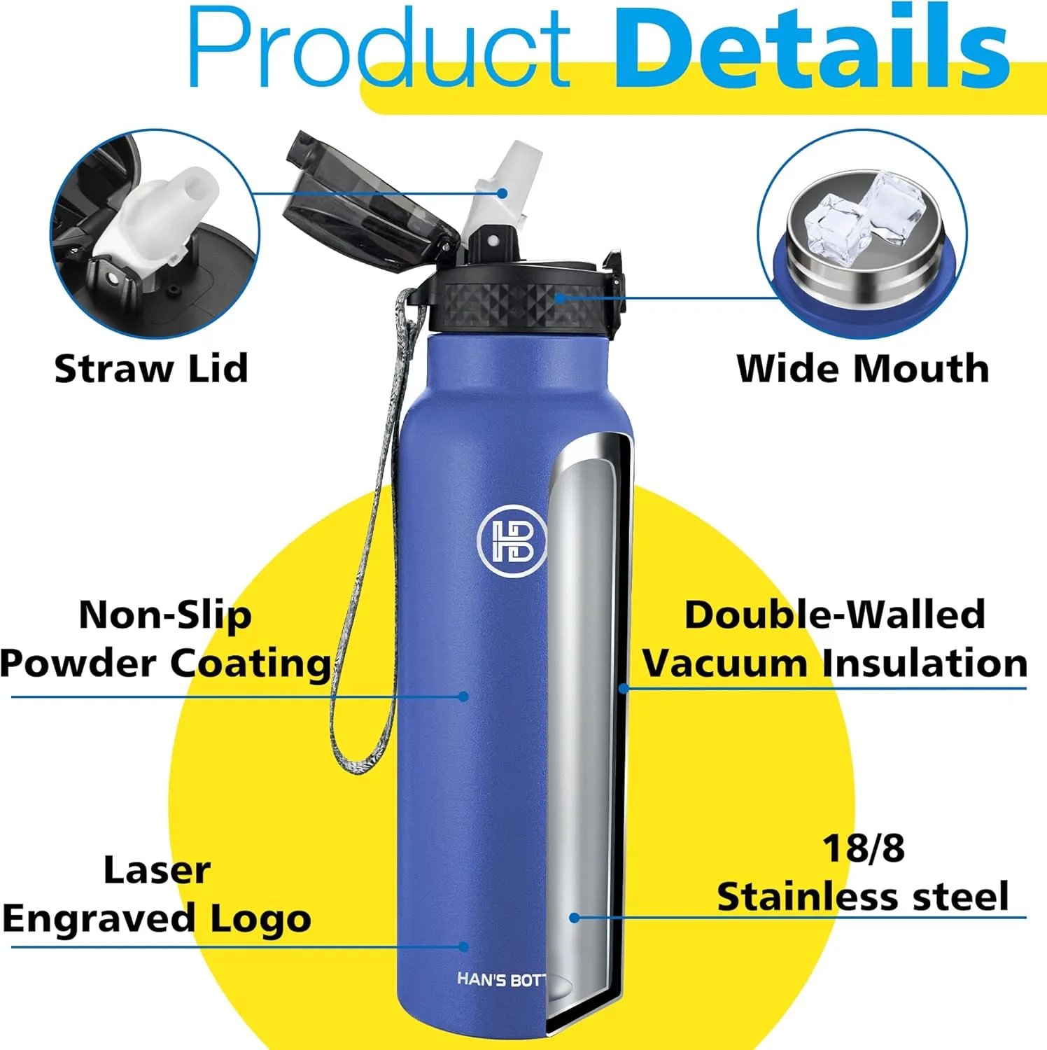 Han's Bottle Sports Water Bottle - 24 Oz, Straw Lid, Leak Proof, Vacuum Insulated Stainless Steel, Double Walled, Thermo Mug,Navy Blue