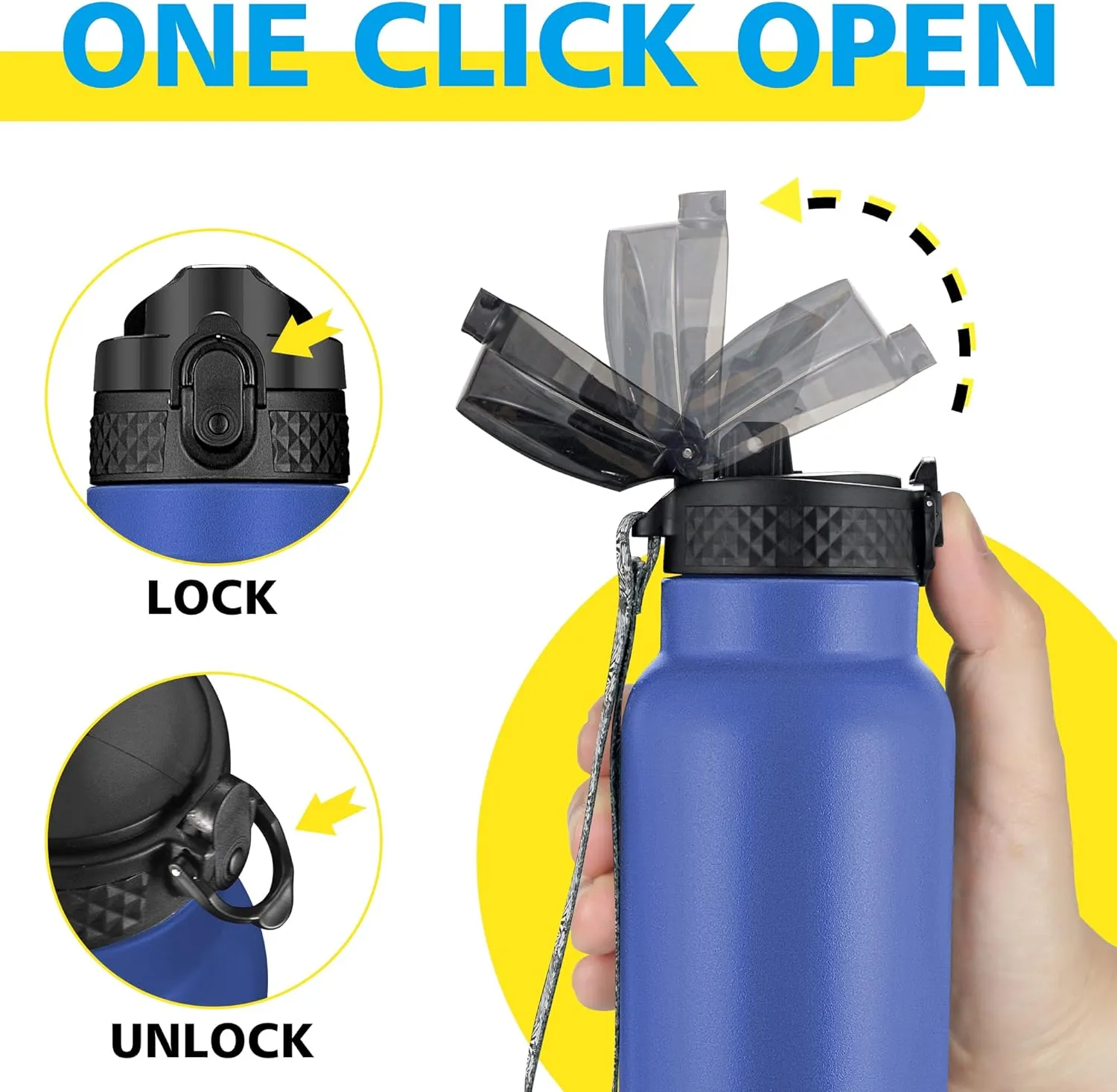 Han's Bottle Sports Water Bottle - 24 Oz, Straw Lid, Leak Proof, Vacuum Insulated Stainless Steel, Double Walled, Thermo Mug,Navy Blue