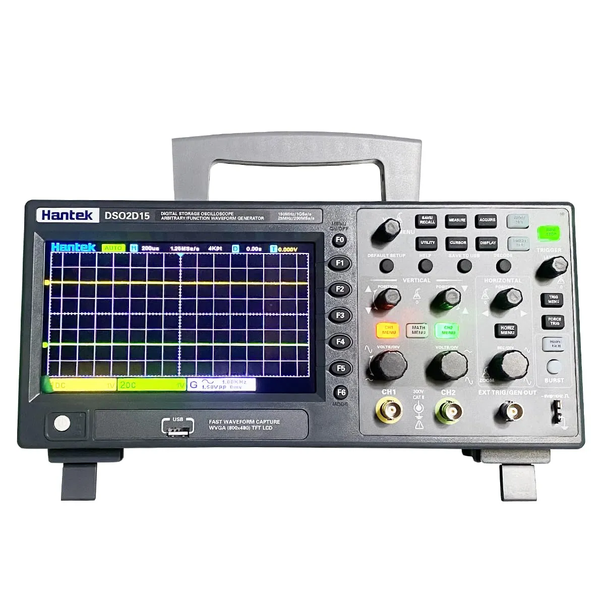 Hantek Digital Storage Oscilloscope USB 150MHz Bandwidth, 2 Channels, 1GSa/s Sampling Rate, with 1 CH Waveform Generator(DSO2D15)