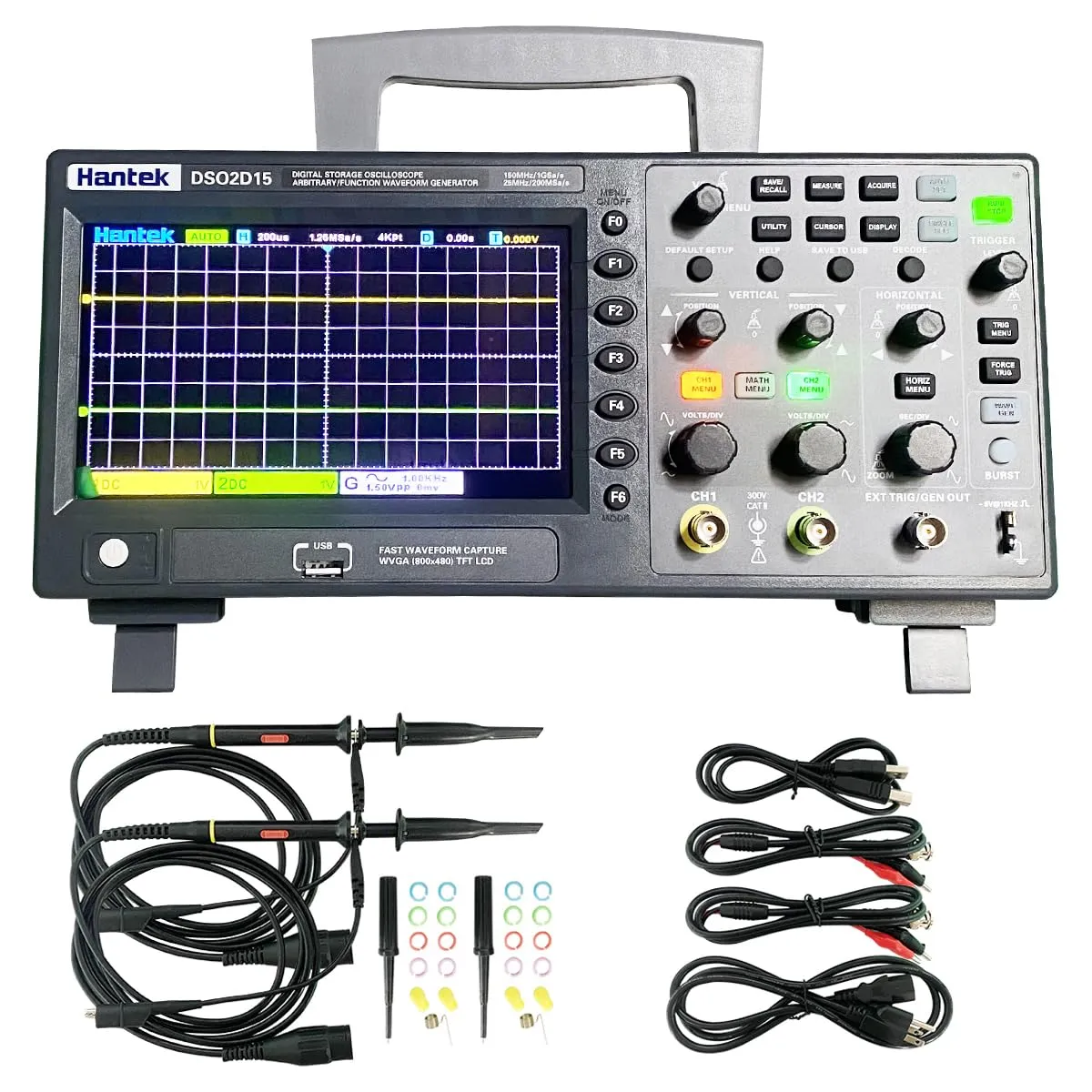 Hantek DSO2D15 Digital Storage Lab Oscilloscope USB 150MHz Bandwidth 2CH Dual Channel 1GSa/s 8M Memory Depth with 1CH 25MHz Waveform Generator