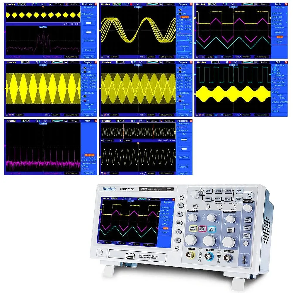 Hantek DSO5072P DSO5102P DSO5202P Portable Digital Storage Oscilloscope USB PC Osciloscopio 2 Channel 70MHz 100MHz 200MHz 1GSa/s 40K(DSO5072P)