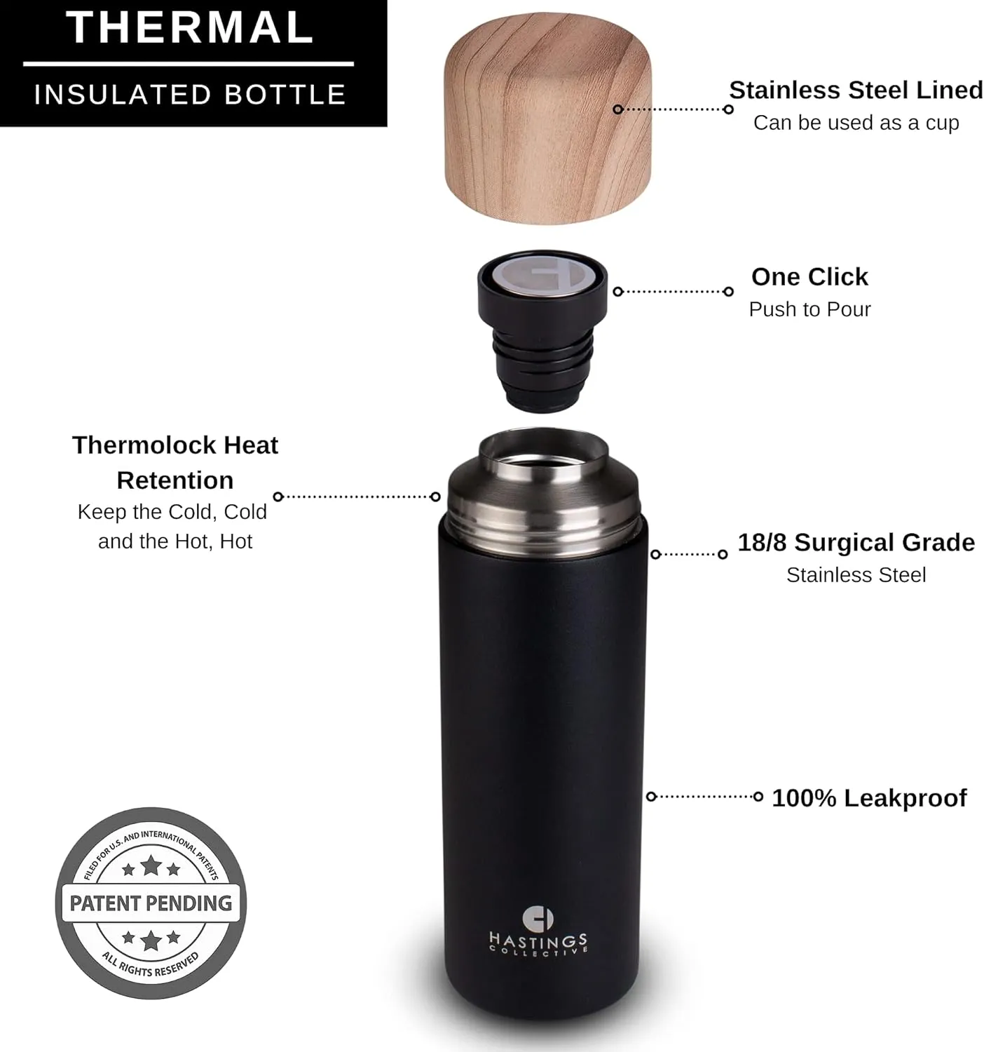 HASTINGS COLLECTIVE FIKA Slim Coffee Travel Mug Tumbler - Stainless Steel Vacuum Insulated Thermos Cup with Spill Proof Lid, 17oz (500ml) (Black)