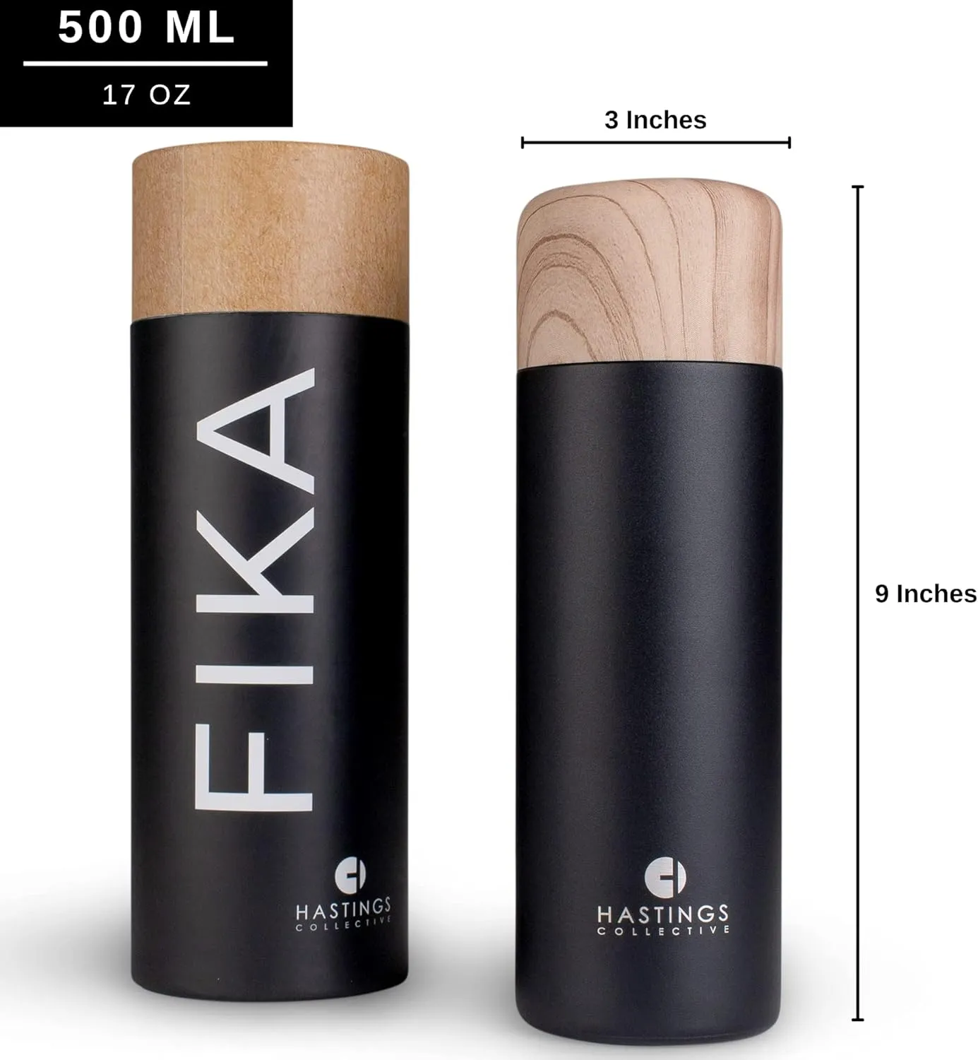 HASTINGS COLLECTIVE FIKA Slim Coffee Travel Mug Tumbler - Stainless Steel Vacuum Insulated Thermos Cup with Spill Proof Lid, 17oz (500ml) (Black)
