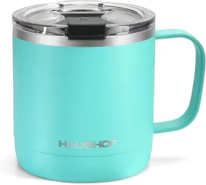 HAUSHOF 14 oz Coffee Mug, Insulated Coffee Mug with Handle, Travel Camping Cup, Portable Stainless Steel Coffee Cup, Insulated Coffee Cups with Lid, Lake Blue