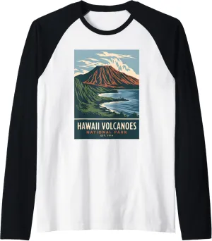 Hawaii Volcanoes National Park Vintage Camping Men Women Raglan Baseball Tee