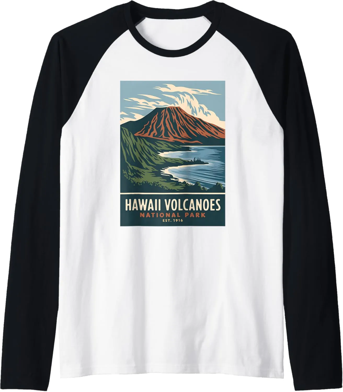 Hawaii Volcanoes National Park Vintage Camping Men Women Raglan Baseball Tee