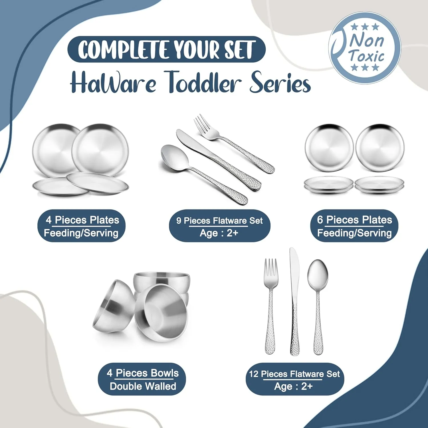 HaWare 8-Piece 18/8 Stainless Steel Kids Plates, 8 Inches Metal Dinner Plates for Toddler Children, Round Serving Plates for Feeding Camping, Non-Toxic Dishes, Shatterproof & Reusable, Dishwasher Safe
