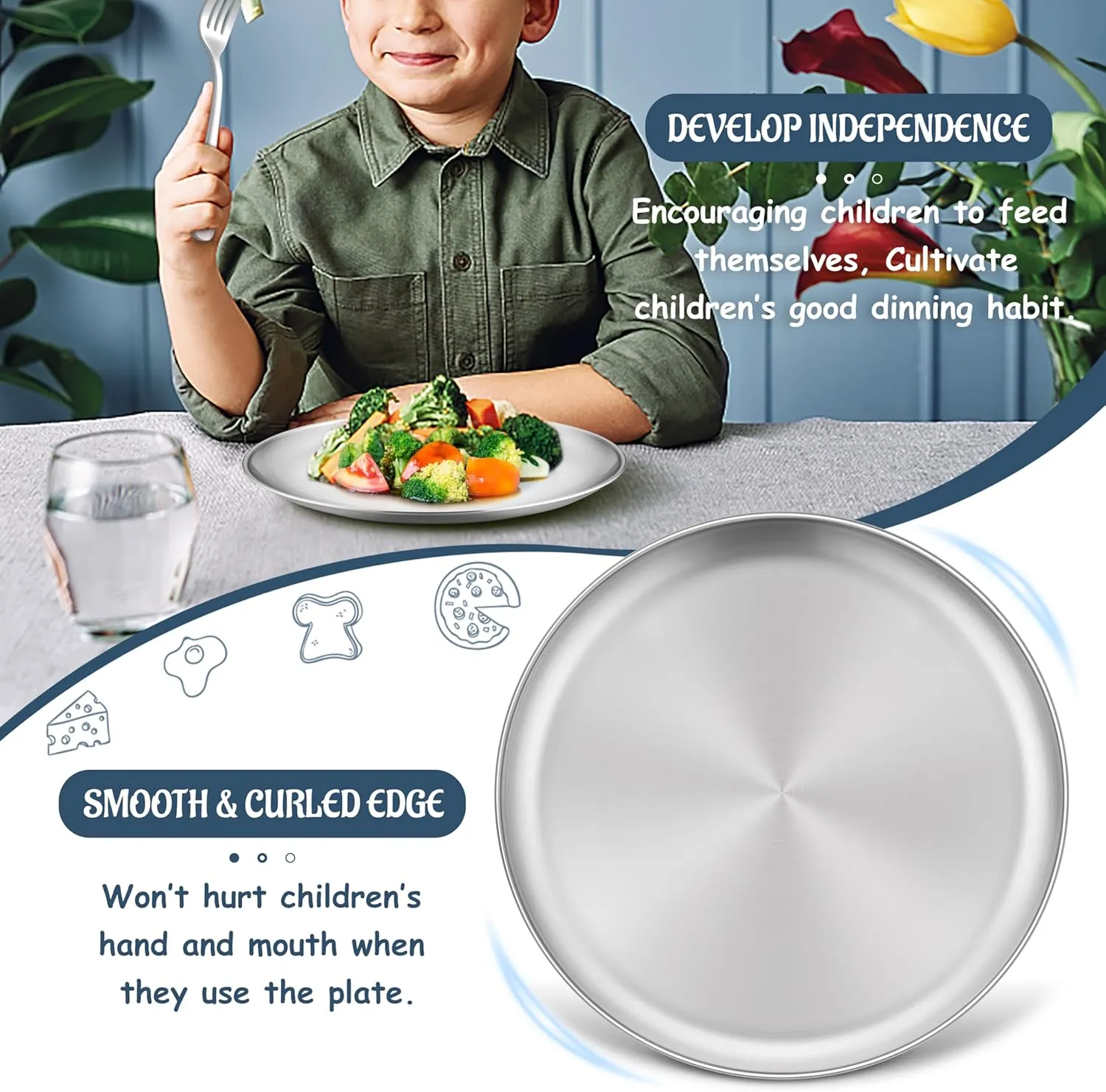 HaWare 8-Piece 18/8 Stainless Steel Kids Plates, 8 Inches Metal Dinner Plates for Toddler Children, Round Serving Plates for Feeding Camping, Non-Toxic Dishes, Shatterproof & Reusable, Dishwasher Safe