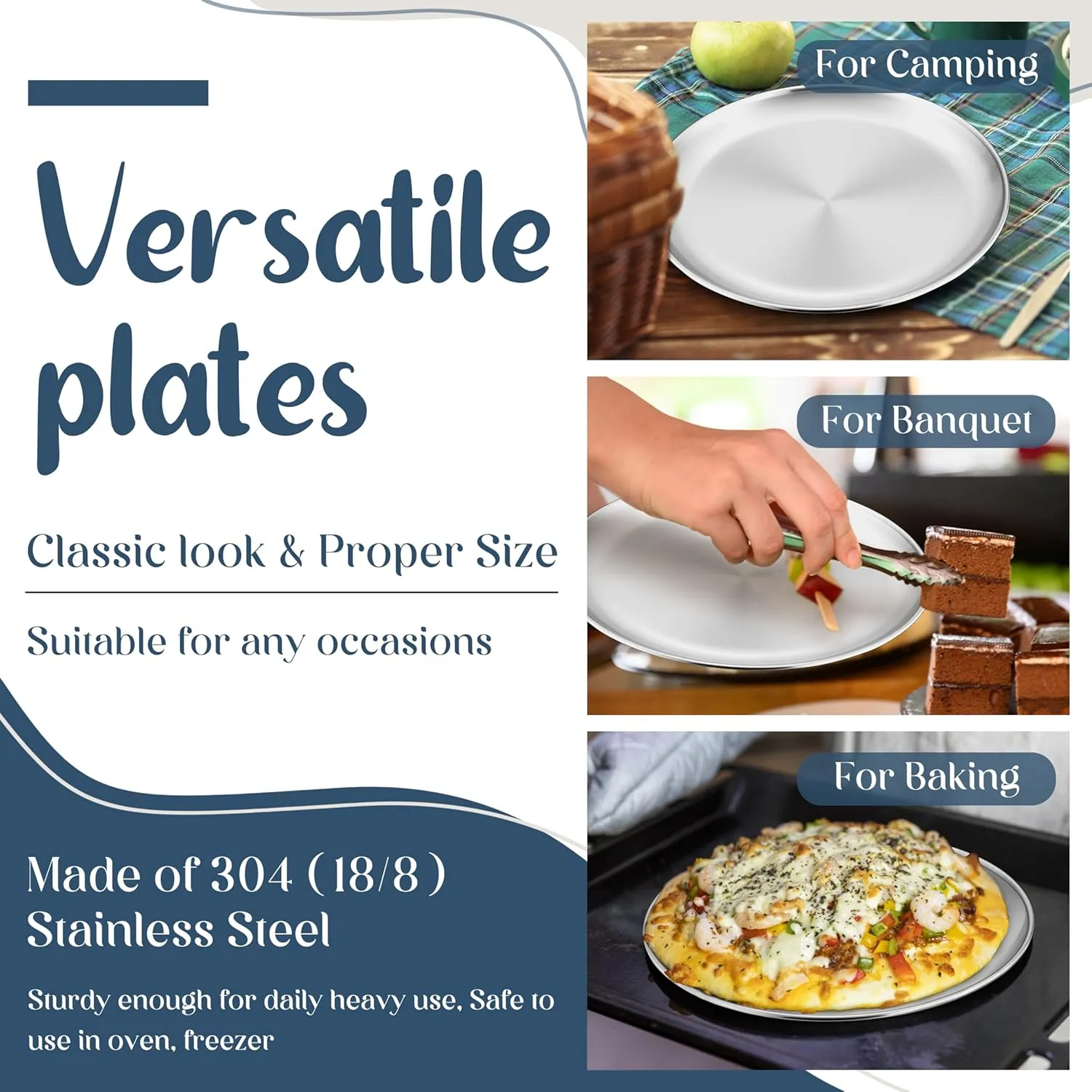 HaWare 8-Piece 18/8 Stainless Steel Kids Plates, 8 Inches Metal Dinner Plates for Toddler Children, Round Serving Plates for Feeding Camping, Non-Toxic Dishes, Shatterproof & Reusable, Dishwasher Safe