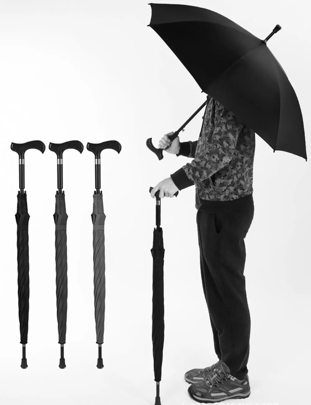 Height Adjustable Walking Stick Umbrella, 2-in-1 Multifunctional Tourism Trekking Poles, for Climbing, Hiking, Hanging Out on Raining,Red,76~79cm/30~31inch