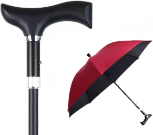 Height Adjustable Walking Stick Umbrella, 2-in-1 Multifunctional Tourism Trekking Poles, for Climbing, Hiking, Hanging Out on Raining,Red,76~79cm/30~31inch