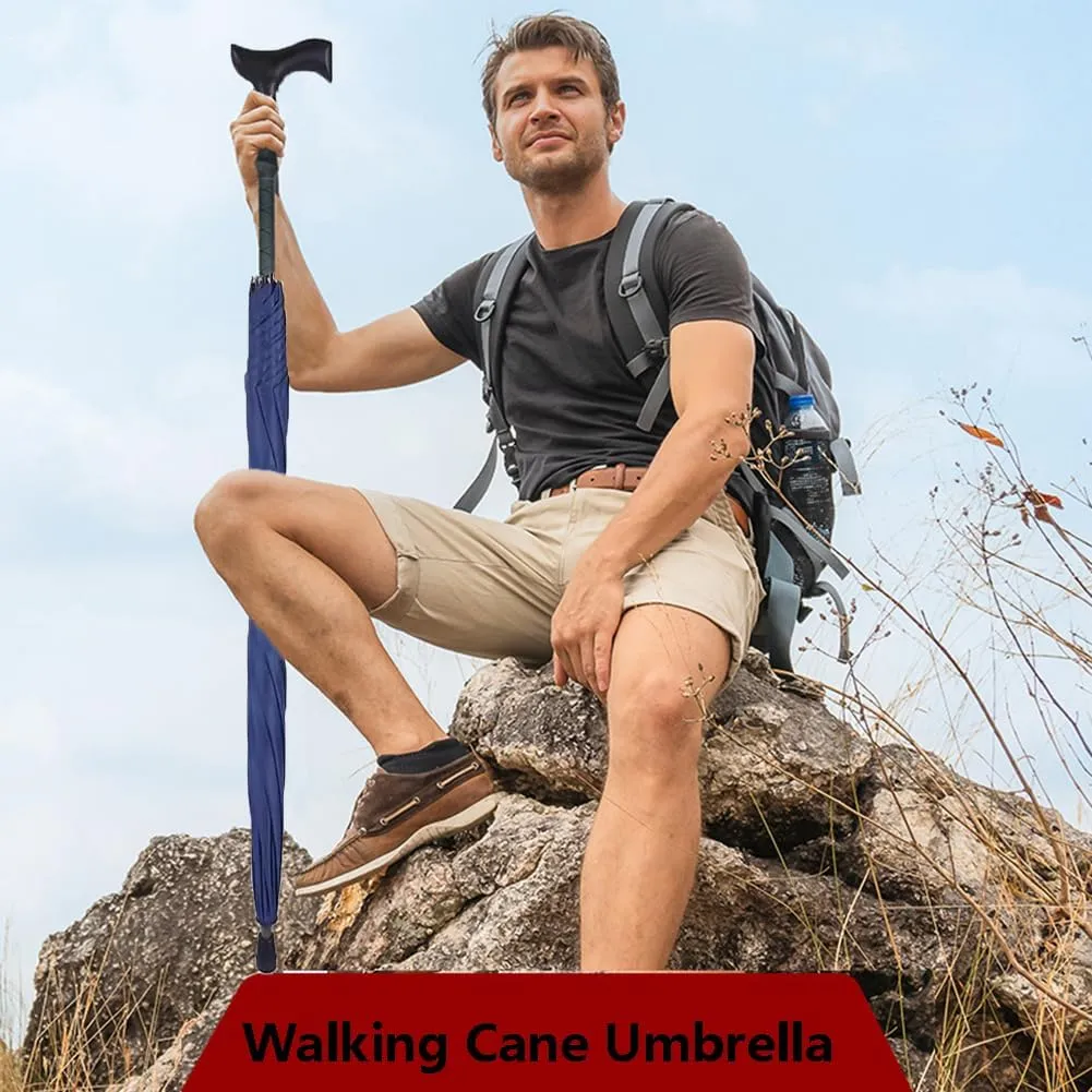 Height Adjustable Walking Stick Umbrella, 2-in-1 Multifunctional Tourism Trekking Poles, for Climbing, Hiking, Hanging Out on Raining,Red,76~79cm/30~31inch